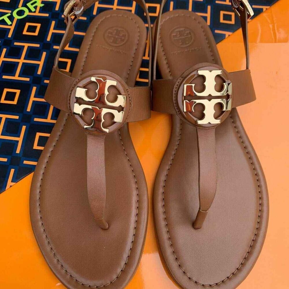 Tory Burch Claire Bryce Thong Sandals Royal Tan Leather Slingback Sandals 8